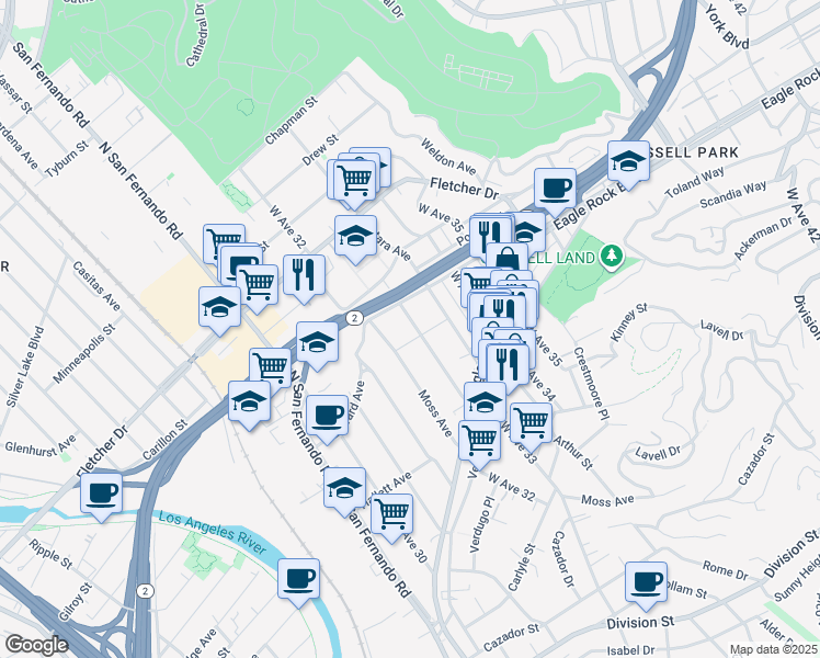 map of restaurants, bars, coffee shops, grocery stores, and more near 2864 West Avenue 33 in Los Angeles
