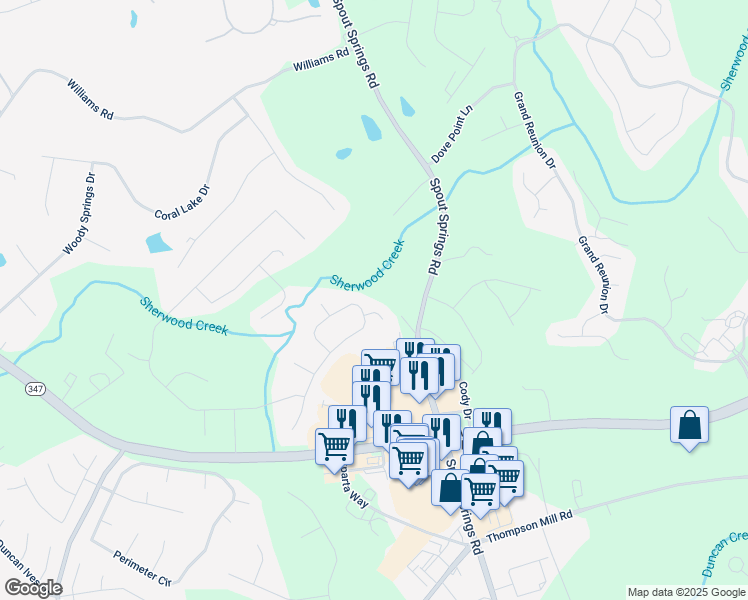 map of restaurants, bars, coffee shops, grocery stores, and more near 2857 Senator Court in Buford