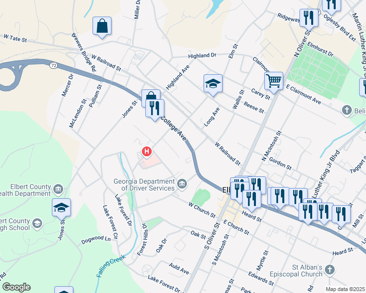 map of restaurants, bars, coffee shops, grocery stores, and more near 125 College Avenue in Elberton