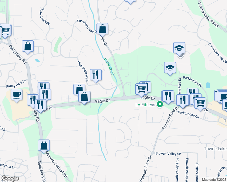 map of restaurants, bars, coffee shops, grocery stores, and more near 1009 Wellesley Crest Drive in Woodstock