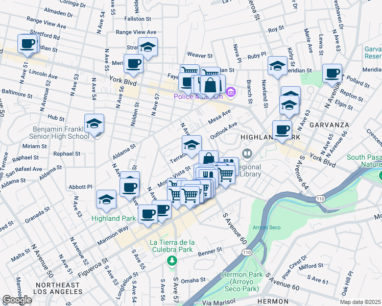 map of restaurants, bars, coffee shops, grocery stores, and more near 6024 Terrace Drive in Los Angeles