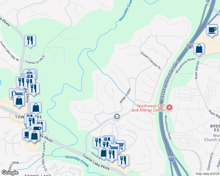 map of restaurants, bars, coffee shops, grocery stores, and more near 213 Wolf Dancer Court in Woodstock