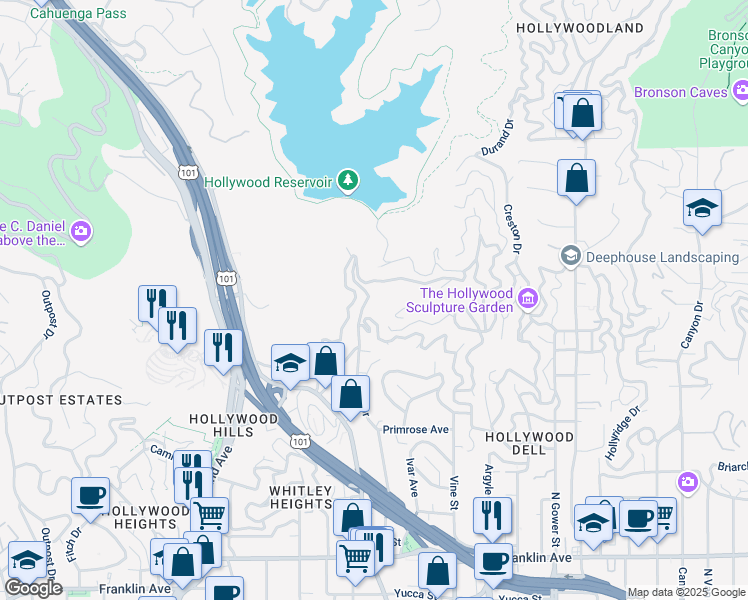 map of restaurants, bars, coffee shops, grocery stores, and more near 2354 Holly Drive in Los Angeles