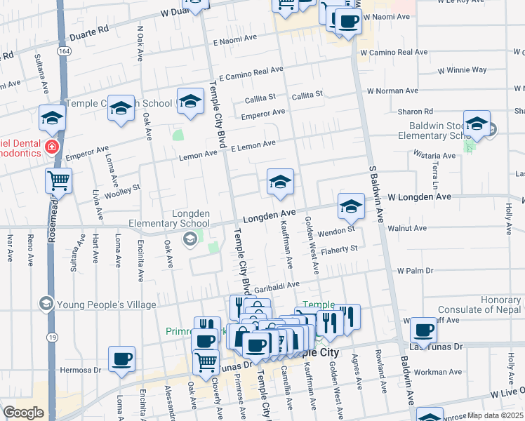 map of restaurants, bars, coffee shops, grocery stores, and more near 9649 Longden Avenue in Temple City