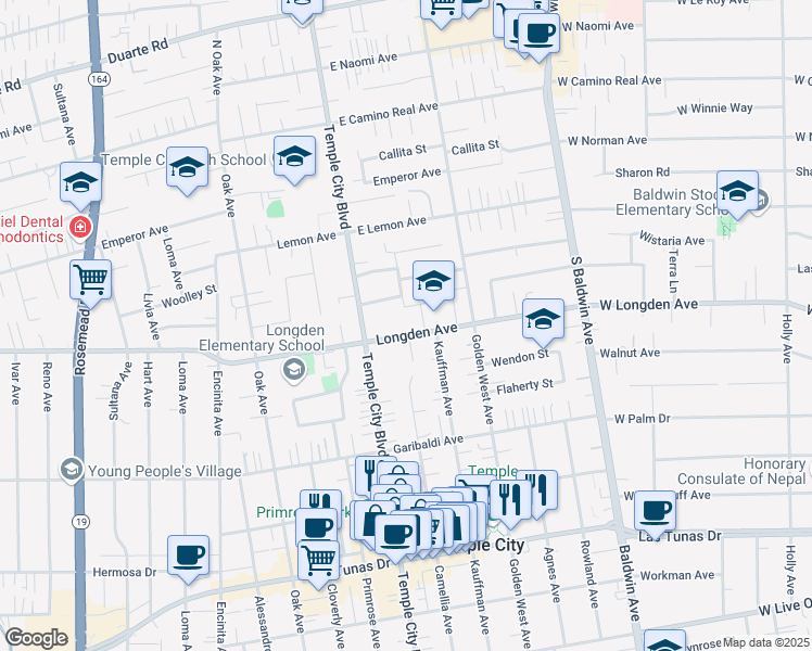 map of restaurants, bars, coffee shops, grocery stores, and more near 9649 Longden Avenue in Temple City