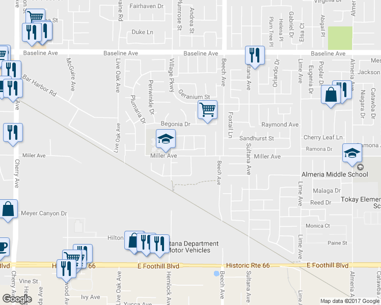 map of restaurants, bars, coffee shops, grocery stores, and more near 15175 Edelweis Street in Fontana