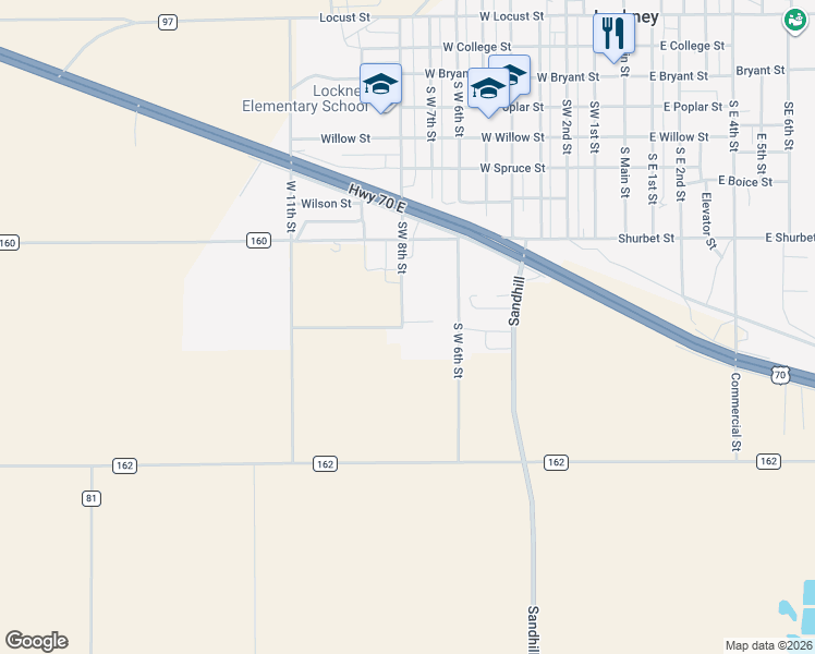 map of restaurants, bars, coffee shops, grocery stores, and more near 1105 Southwest 8th Street in Lockney