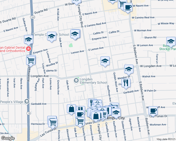map of restaurants, bars, coffee shops, grocery stores, and more near 6306 Temple City Boulevard in Temple City