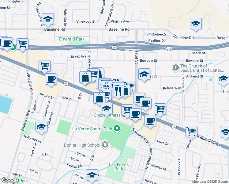 map of restaurants, bars, coffee shops, grocery stores, and more near 2123 Foothill Boulevard in La Verne
