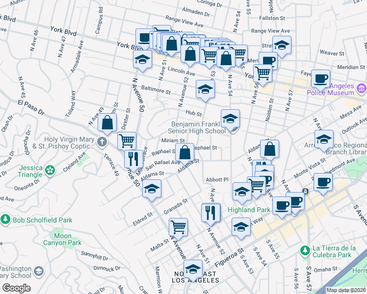 map of restaurants, bars, coffee shops, grocery stores, and more near 709 Holland Avenue in Los Angeles