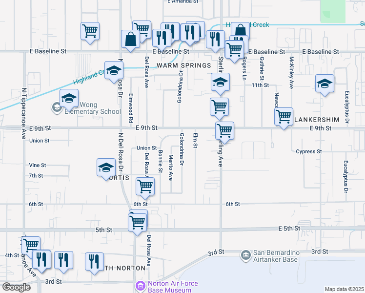 map of restaurants, bars, coffee shops, grocery stores, and more near 25522 Union Street in San Bernardino