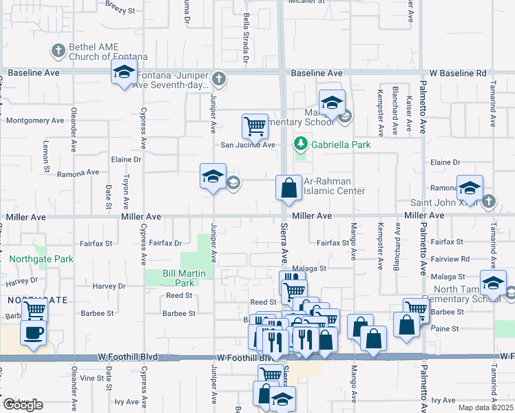 map of restaurants, bars, coffee shops, grocery stores, and more near 7680 Bennett Avenue in Fontana