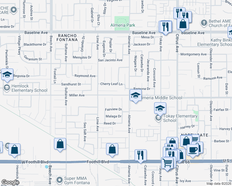 map of restaurants, bars, coffee shops, grocery stores, and more near 15707 Ramona Drive in Fontana