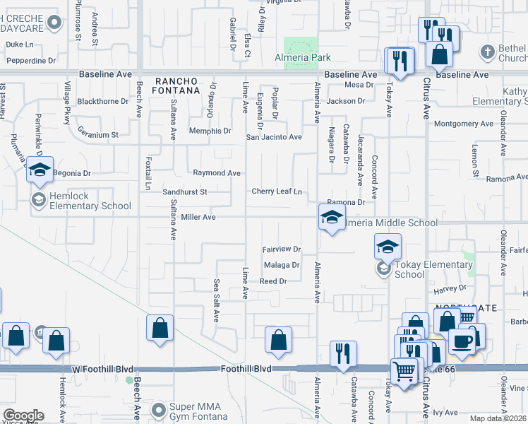 map of restaurants, bars, coffee shops, grocery stores, and more near 15645 Ramona Drive in Fontana