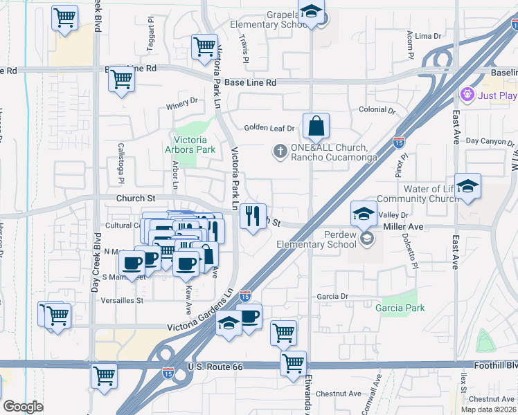 map of restaurants, bars, coffee shops, grocery stores, and more near 12771 Wild Horse Way in Rancho Cucamonga