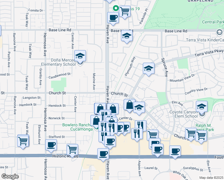 map of restaurants, bars, coffee shops, grocery stores, and more near 7684 Broadmoor Place in Rancho Cucamonga