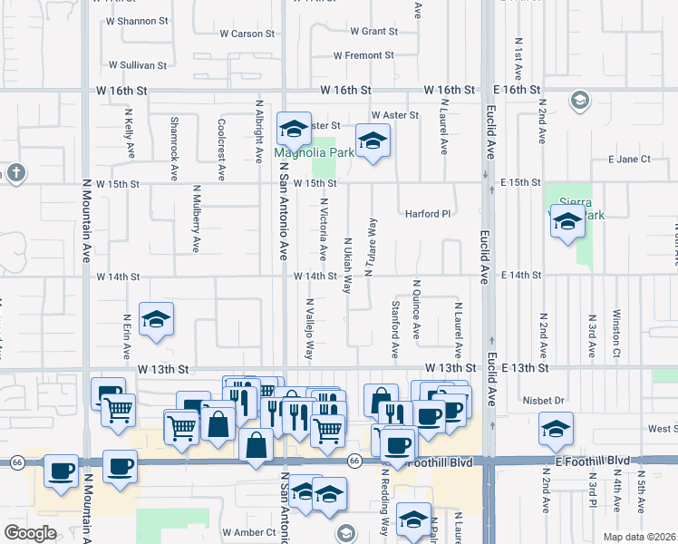 map of restaurants, bars, coffee shops, grocery stores, and more near 338 East Arrow Highway in Upland