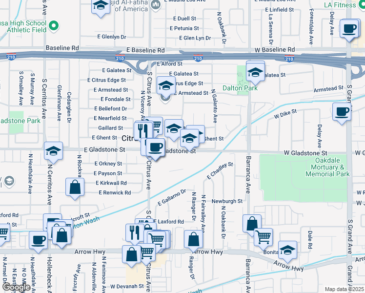 map of restaurants, bars, coffee shops, grocery stores, and more near 443 South Fairvale Avenue in Azusa