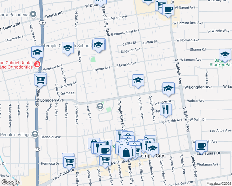 map of restaurants, bars, coffee shops, grocery stores, and more near 6306 Temple City Boulevard in Temple City