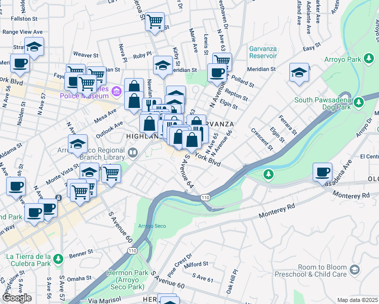 map of restaurants, bars, coffee shops, grocery stores, and more near 6320 York Boulevard in Los Angeles