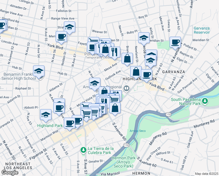 map of restaurants, bars, coffee shops, grocery stores, and more near 6121 Monte Vista Street in Los Angeles