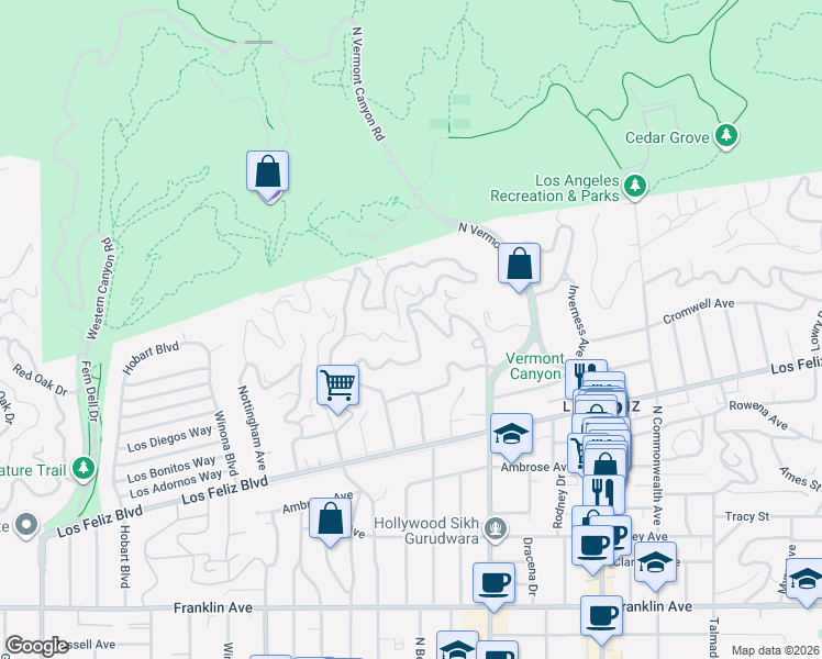 map of restaurants, bars, coffee shops, grocery stores, and more near 4758 Bonvue Avenue in Los Angeles