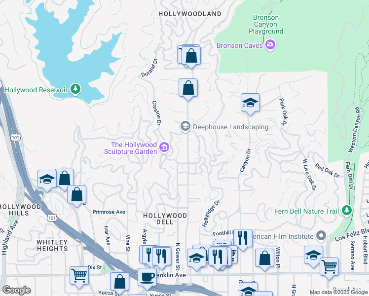 map of restaurants, bars, coffee shops, grocery stores, and more near 2447 North Beachwood Drive in Los Angeles
