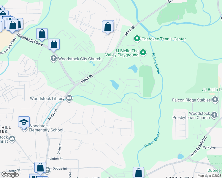 map of restaurants, bars, coffee shops, grocery stores, and more near 125 Johnston Farm Lane in Woodstock