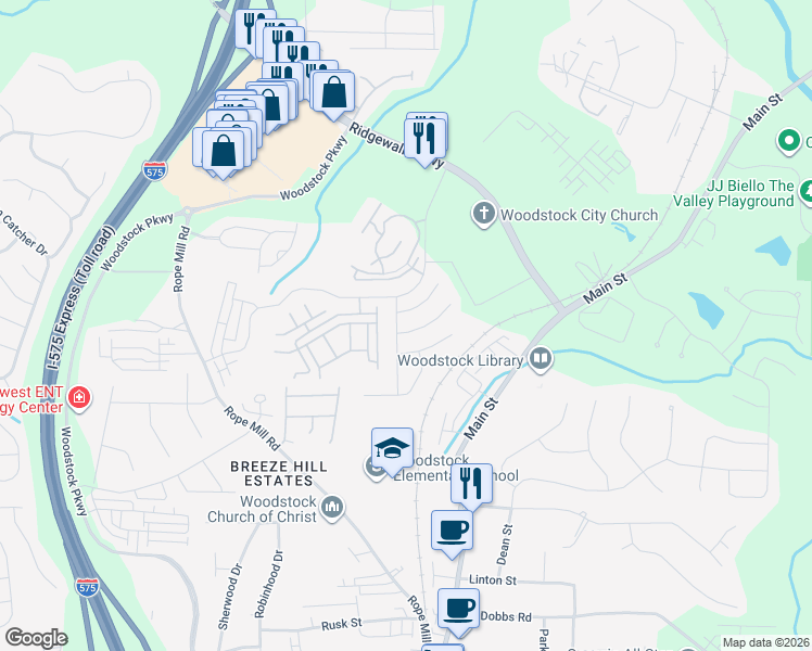 map of restaurants, bars, coffee shops, grocery stores, and more near 303 Tuggle Court in Woodstock