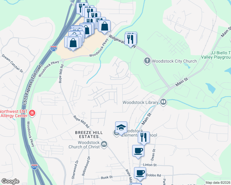 map of restaurants, bars, coffee shops, grocery stores, and more near 320 Antebellum Place in Woodstock