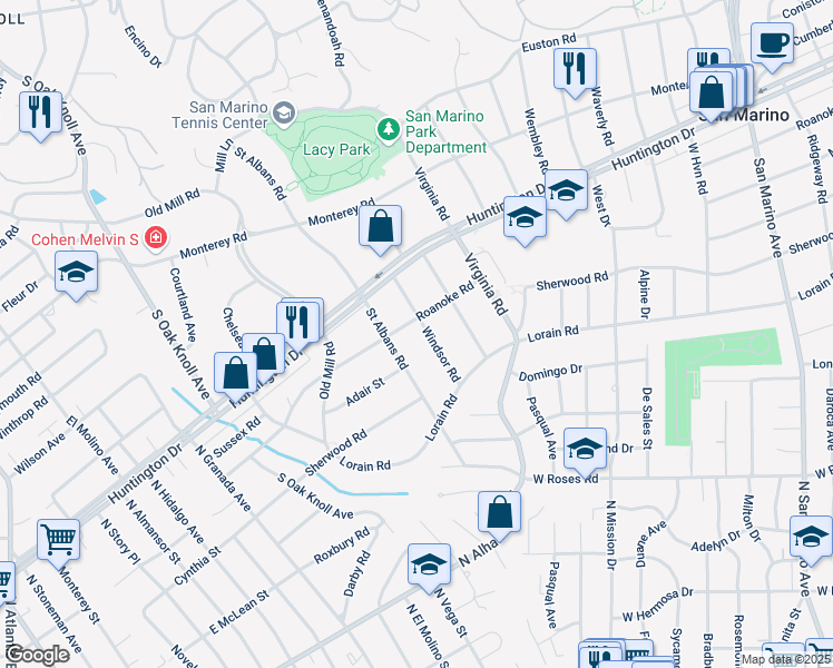 map of restaurants, bars, coffee shops, grocery stores, and more near 1807 Windsor Road in San Marino
