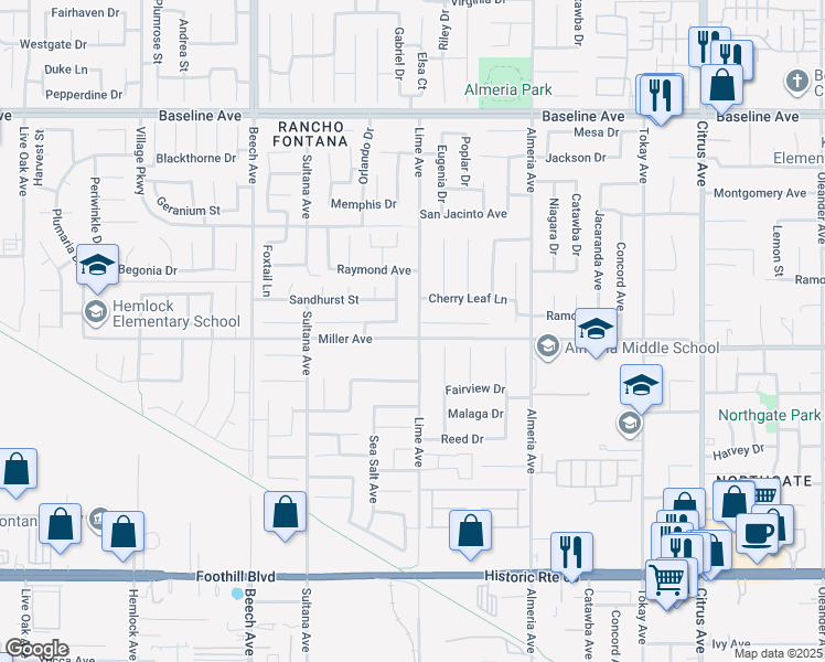 map of restaurants, bars, coffee shops, grocery stores, and more near 7698 Lime Avenue in Fontana