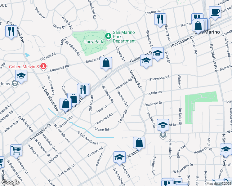 map of restaurants, bars, coffee shops, grocery stores, and more near 1807 Windsor Road in San Marino