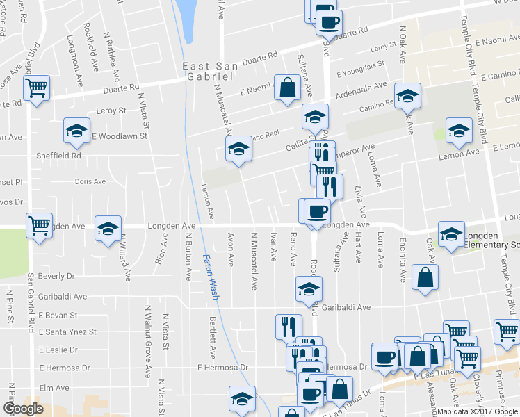 map of restaurants, bars, coffee shops, grocery stores, and more near 6322 North Muscatel Avenue in San Gabriel