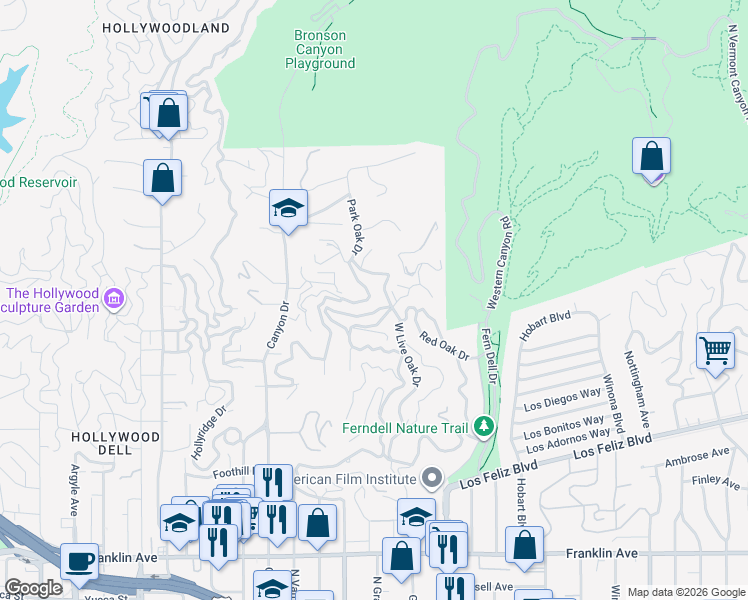 map of restaurants, bars, coffee shops, grocery stores, and more near 2438 Canyon Oak Drive in Los Angeles