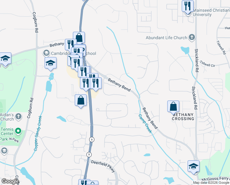 map of restaurants, bars, coffee shops, grocery stores, and more near 1110 S Bethany Creek Dr in Alpharetta