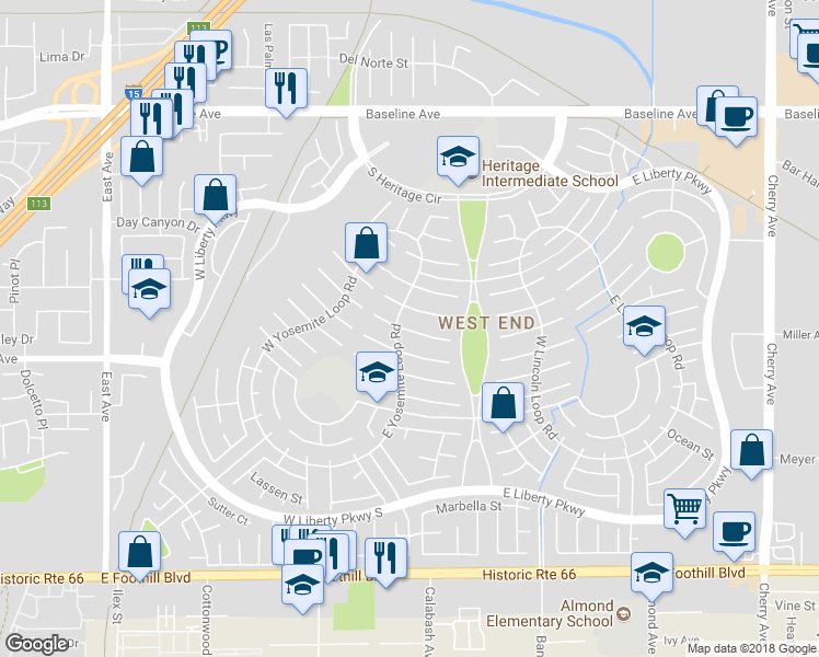 map of restaurants, bars, coffee shops, grocery stores, and more near 13716 Boston Court in Fontana