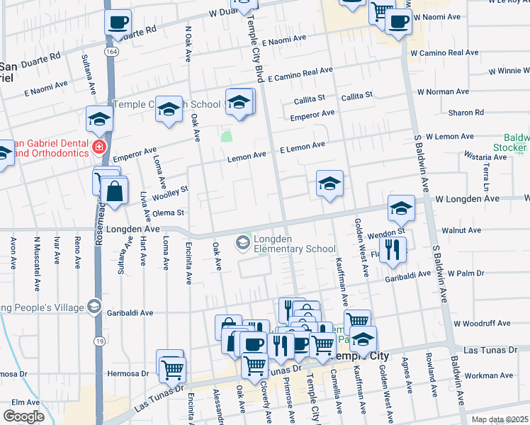 map of restaurants, bars, coffee shops, grocery stores, and more near 6323 Primrose Avenue in Temple City