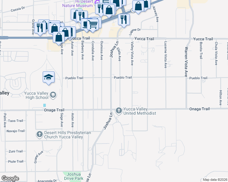 map of restaurants, bars, coffee shops, grocery stores, and more near 7585 Joshua Lane in Yucca Valley