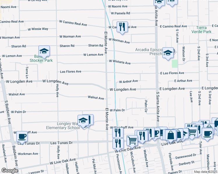 map of restaurants, bars, coffee shops, grocery stores, and more near 185 West Longden Avenue in Arcadia
