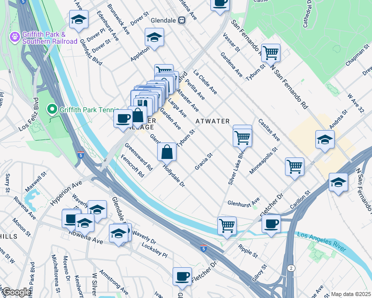 map of restaurants, bars, coffee shops, grocery stores, and more near 3353 Madera Avenue in Los Angeles