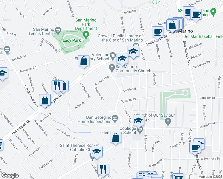 map of restaurants, bars, coffee shops, grocery stores, and more near 1874 Warwick Road in San Marino