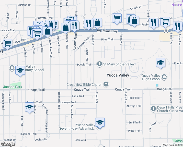 map of restaurants, bars, coffee shops, grocery stores, and more near 7572 Church Street in Yucca Valley
