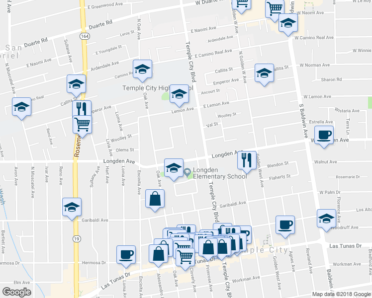 map of restaurants, bars, coffee shops, grocery stores, and more near 6333 Trelawney Avenue in Temple City