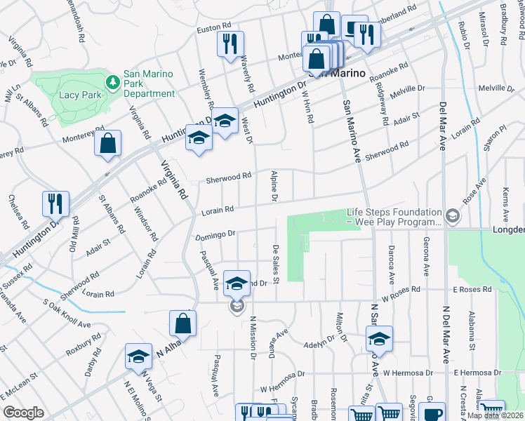 map of restaurants, bars, coffee shops, grocery stores, and more near 1920 Lorain Road in San Marino