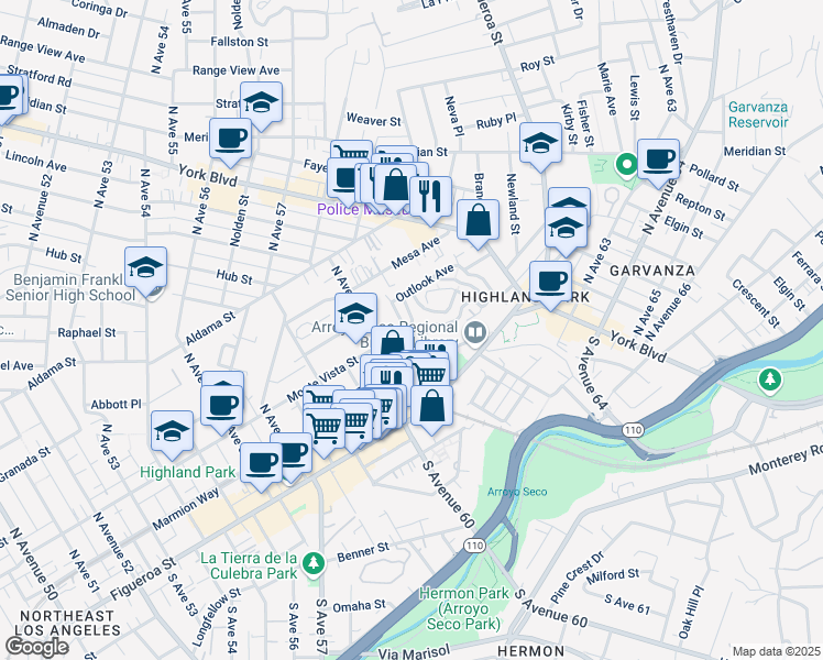 map of restaurants, bars, coffee shops, grocery stores, and more near 6121 Monte Vista Street in Los Angeles