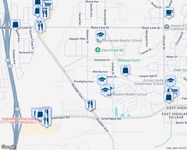 map of restaurants, bars, coffee shops, grocery stores, and more near 28348 Tonner Drive in Highland