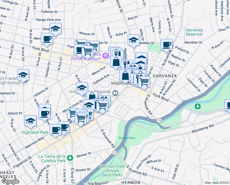 map of restaurants, bars, coffee shops, grocery stores, and more near 6149 Piedmont Avenue in Los Angeles