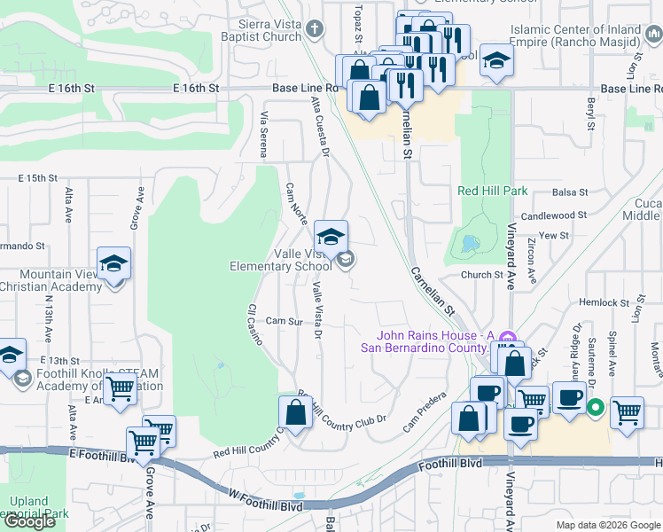 map of restaurants, bars, coffee shops, grocery stores, and more near 7727 Valle Vista Drive in Rancho Cucamonga