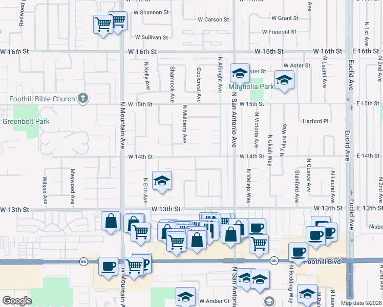 map of restaurants, bars, coffee shops, grocery stores, and more near 953 West 14th Street in Upland